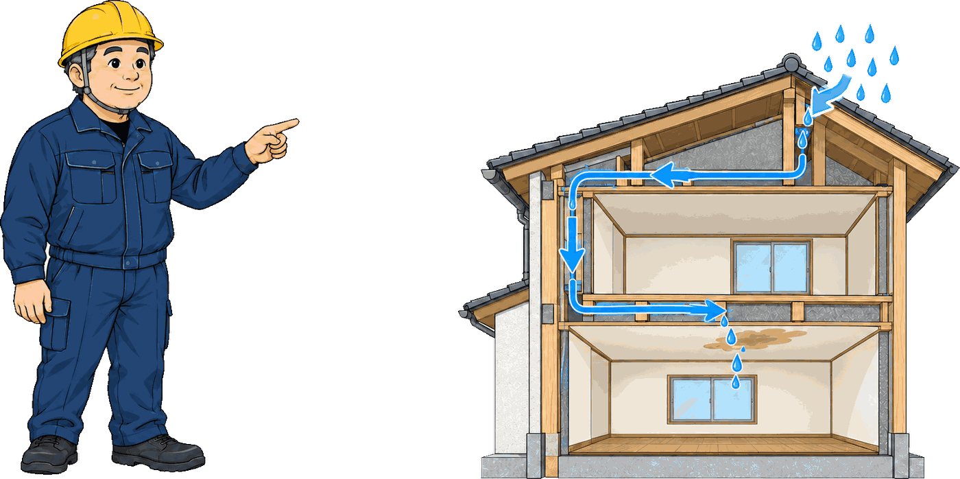 屋根から壁の中を通って天井のシミに出る水の道を示した家の断面図