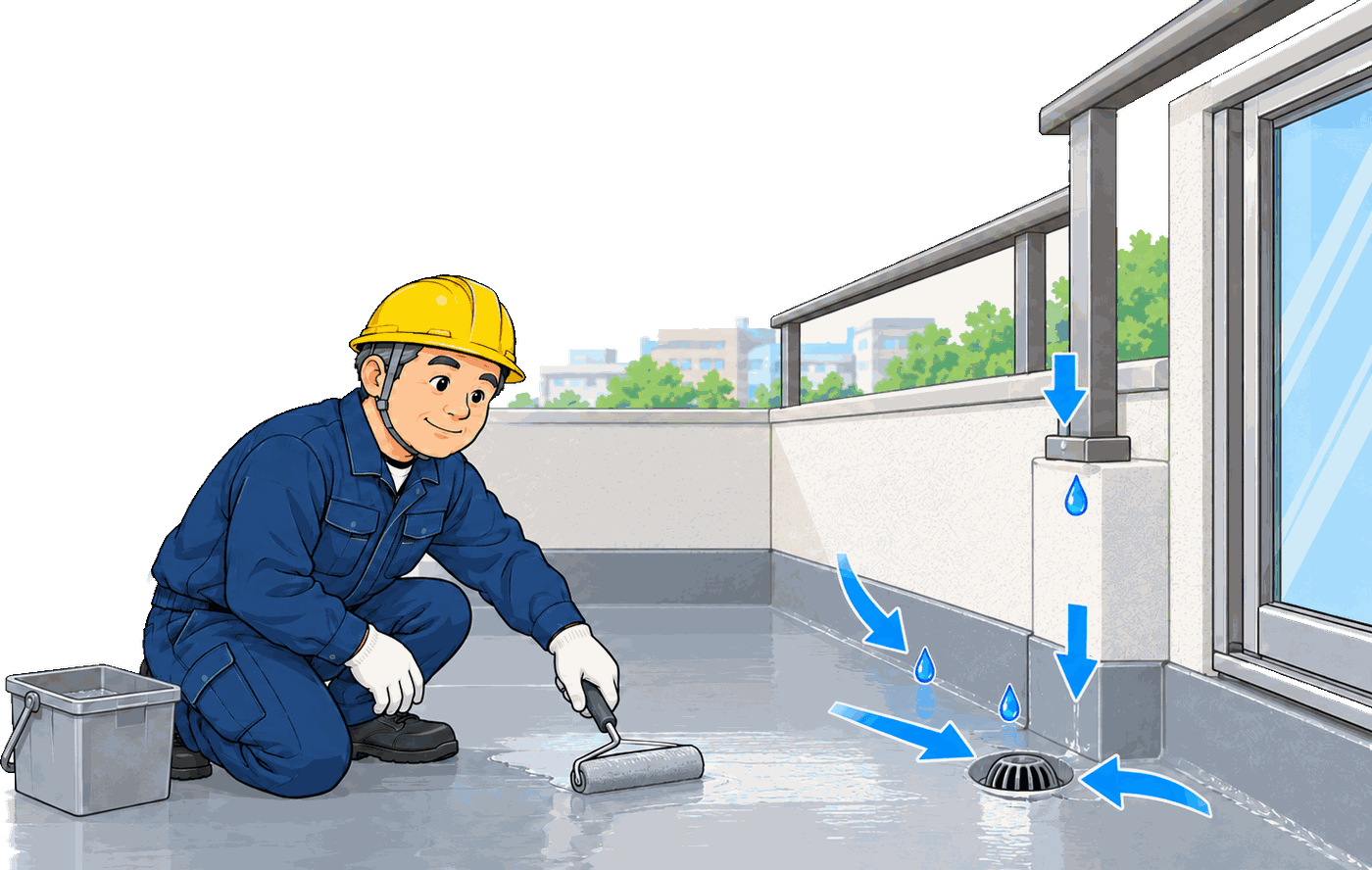 ベランダの床に防水を塗る職人と排水口へ集まる水の矢印の図解