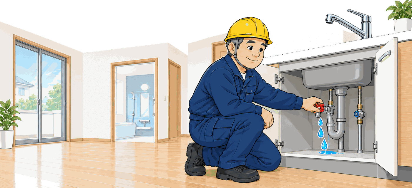 キッチンの下で止水栓を締める職人と明るい室内の図解